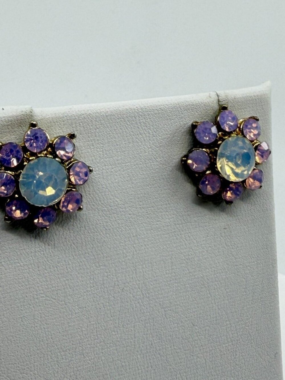 Purple Crystal Flower Stud Earrings Statement Gold Tone Bridal Party Jewelry - Picture 3 of 10